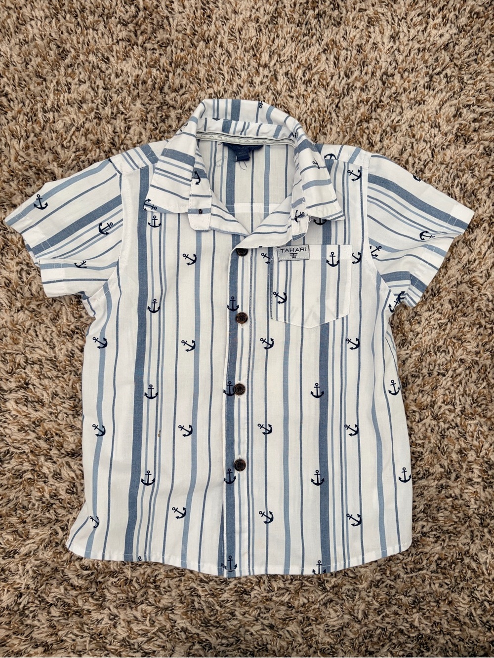 Tahari White & Blue Anchor Stripe Short-Sleeve Button Shirt